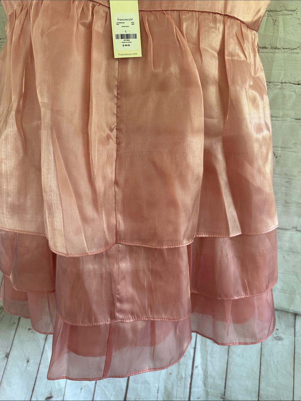 Francesca’s Mi ami Pink Satin Pin Tuck Tiered Spaghetti-Strap Dress size L - Picture 10 of 13